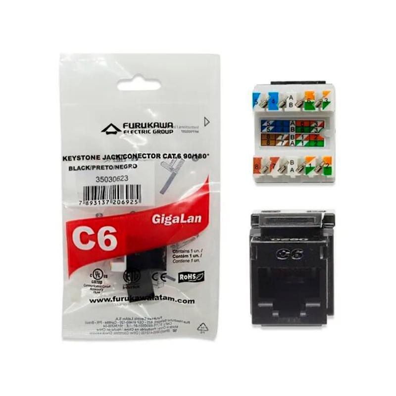 Conector Fêmea Gigalan CAT6 T568A/B 90/180 Preto – Redelan Soluções